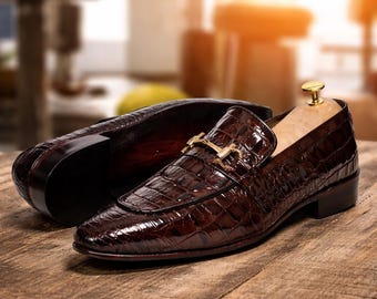 Handmade Brown Croc Print Leather Loafers - Men's Dress Shoes