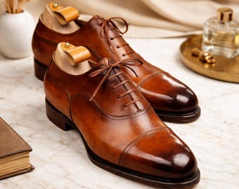 Men’s Brown Leather Oxford Cap Toe Dress Shoes Handmade Formal Shoes