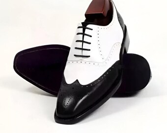 Handmade Leather Oxford Shoes, Black & White Brogue Dress Shoes