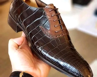 Handmade Men's Brown Shoes Crocodile Pattern Leather Oxford Lace-Up Formal Dress Shoes