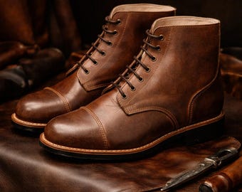 Handmade Leather Ankle Boots for Men – Brown Vintage Lace Up Boots, Elegant Fall Footwear