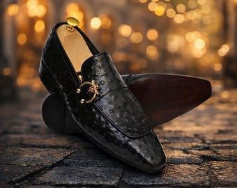 Handmade Ostrich Texture Leather Loafers - Men's Formal Shoes