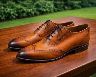Tan Leather Brogue Dress Shoes | Handmade Men’s Oxford Shoes | Classic Formal Leather Shoes for Men