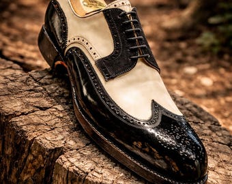 Handmade Two Tone Leather Wingtip Derby Brogue Shoes