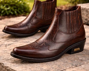 Brown Cowboy Ankle Boots For Men Snip Toe Texas Boots Stretch New Western Boots Genuine Leather Anti Slip Breathable