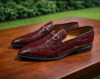 Burgundy Crocodile Embossed Leather Loafers | Handmade Men’s Dress Shoes | Luxury Formal Shoes