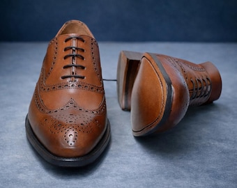 Handmade Italian Leather Brogue Shoes, Customizable, Leather Sole
