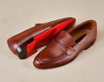 Handmade Leather Penny Loafers: Brown Formal Dress Shoes
