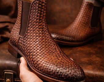 Handmade Woven Leather Chelsea Boots | Full Grain Leather, Gift Set