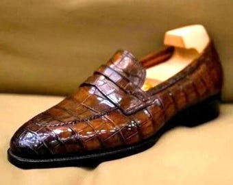 Handmade Crocodile Print Leather Loafers: Men's Bespoke Moccasins