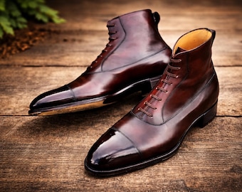 Handmade Burgundy Leather Cap Toe Boots: Men's Ankle High Fashion