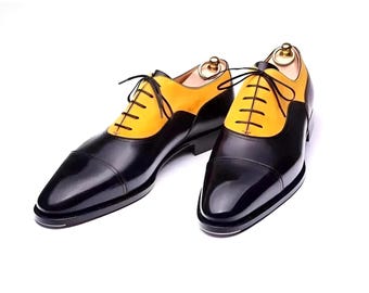 Genuine Handmade Men Leather Shoes Black Lace Up Shoe Two Tone Oxford Dress Shoe