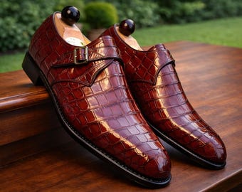 Handmade Burgundy Croc Leather Monk Strap Shoes: Goodyear Welted