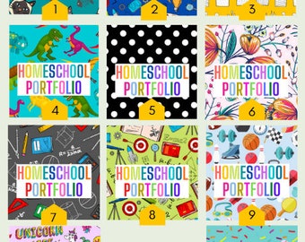 Puede incluir: Un collage de 11 diseños coloridos diferentes para carpetas de portafolio de educación en el hogar. Cada diseño presenta un patrón diferente, que incluye gatos, dinosaurios, lunares, flores, útiles escolares, equipos deportivos y unicornios. El texto "Homeschool Portfolio" aparece en cada diseño.
