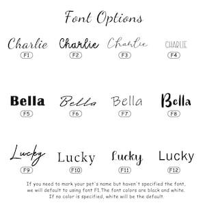 May include: A white background displays font options for pet names. The text "Font Options" is at the top. The image shows the names "Charlie", "Bella", and "Lucky" in various fonts, each labeled with a number. The text below explains font defaults.