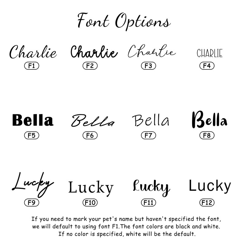 May include: A white background displays font options for pet names. The text "Font Options" is at the top. The image shows the names "Charlie", "Bella", and "Lucky" in various fonts, each labeled with a number. The text below explains font defaults.