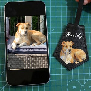 May include: A tan and white dog is captured in a photo on a smartphone screen, and also on a black leather tag. The tag has the dog's image and the name "Buddy" in white script. The dog is wearing a blue collar.