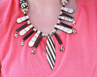 COLOR BLIND Black & White Horn Shell and Bone Tribal Statement Necklace
