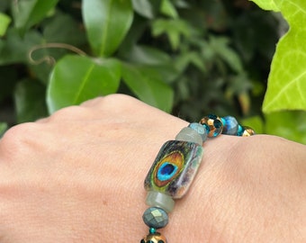 Peacock Feather Beaded Glass Bracelet