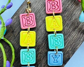 Baby Block Polymer Clay Dangle Earrings | Baby Shower Gift
