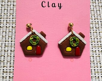 Handmade Gingerbread House Polymer Clay Earrings | Christmas Jewelry