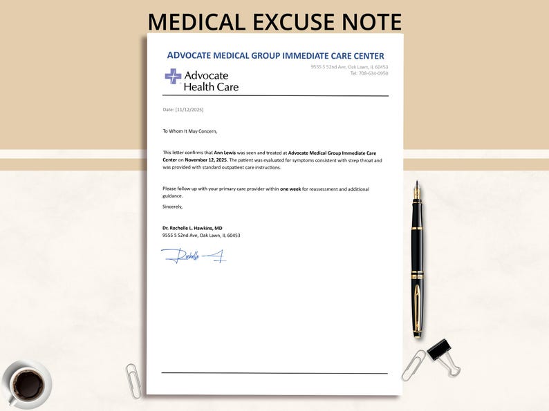 May include: A medical excuse note from Advocate Health Care. The document includes the text "MEDICAL EXCUSE NOTE" at the top. A pen, paper clips, and a coffee cup are also visible.