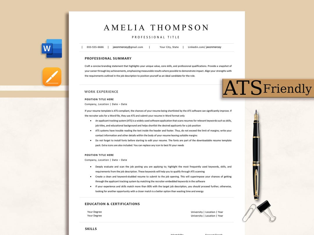 ATS Resume Template Word, Pages, Google Docs, Minimalist ATS CV ...