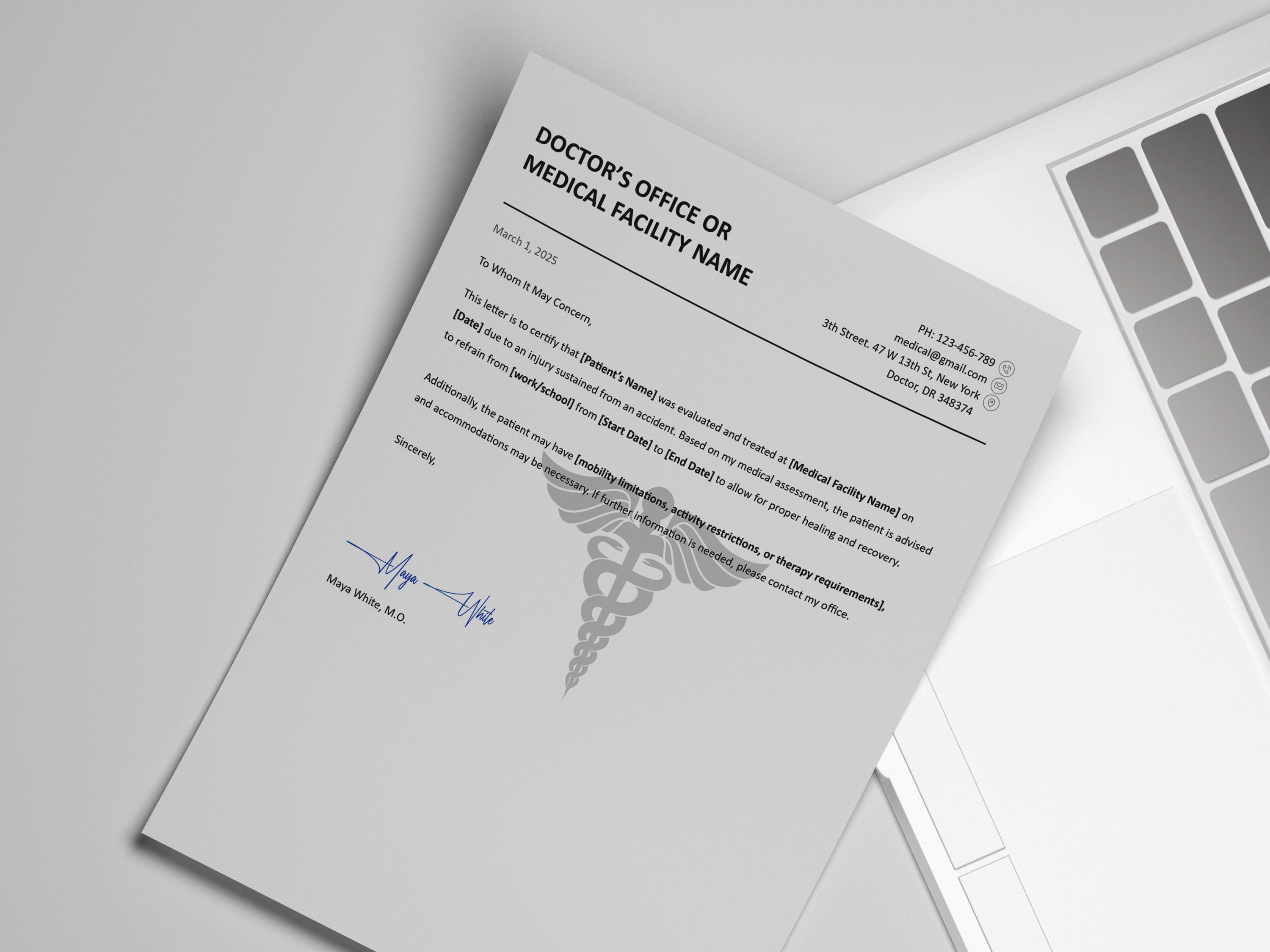 Work Injury Doctors Note Fillable Doctors Note for Work, Doctor Excuse Note Due to Fracture ...