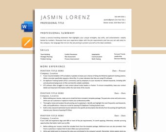 May include: A resume template with the name Jasmin Lorenz at the top. The resume includes sections for a professional summary, skills, and work experience. A black pen is on the right side of the resume, and two app icons are in the top left corner.