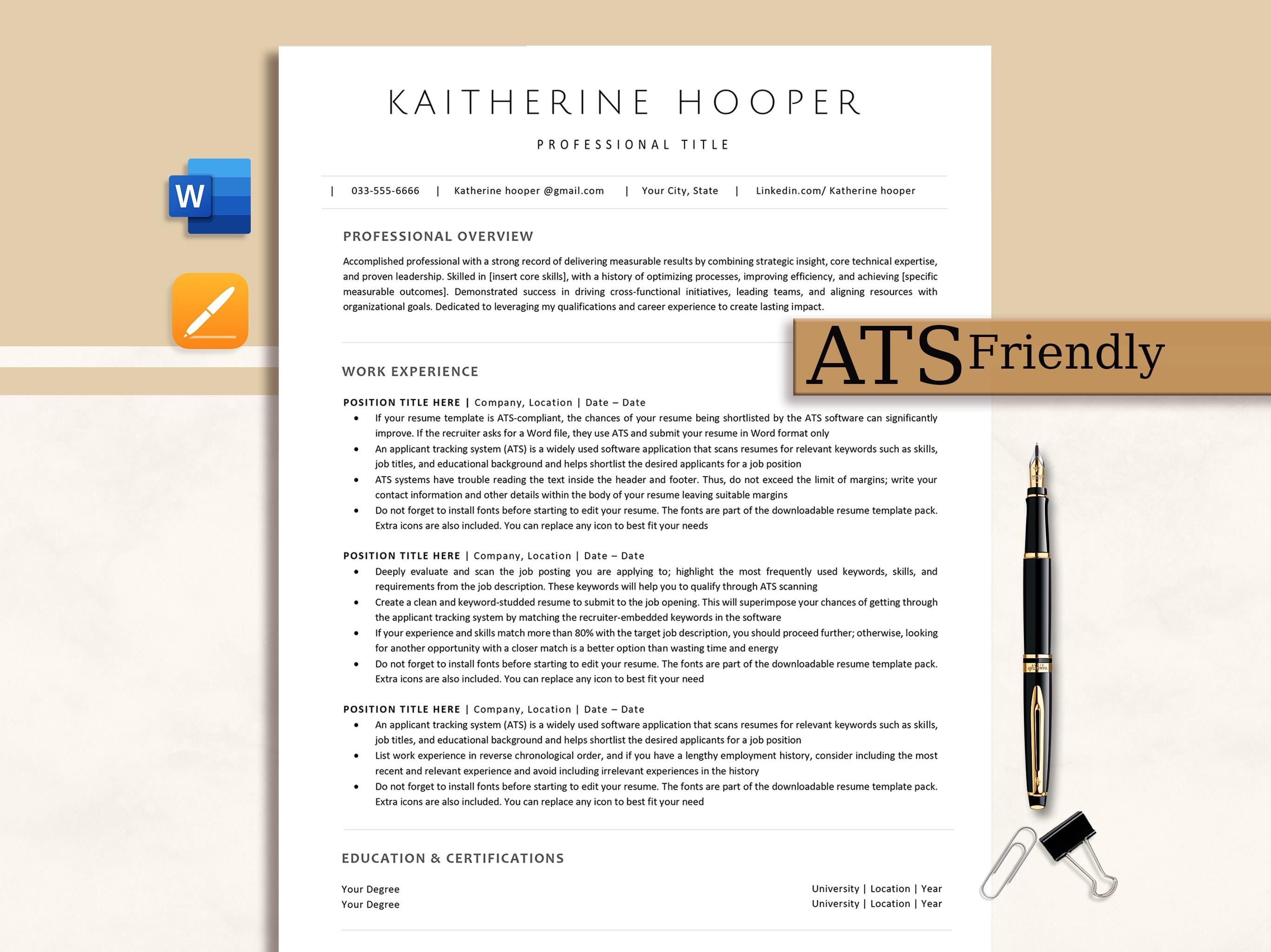 ATS Friendly Resume Template Word, Pages, Google Docs, Ats Resume, ATS ...