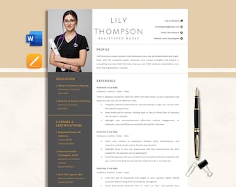 May include: A resume template featuring a Registered Nurse named Lily Thompson. The document includes sections for profile, education, experience, and licenses. A pen, paper clips, and a push pin are placed near the resume.