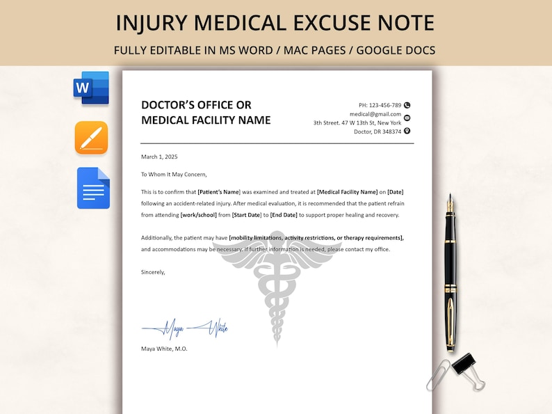Notes Due Back Image Fillable Doctors Note for Work, Doctor Excuse Note Due to Fracture ...