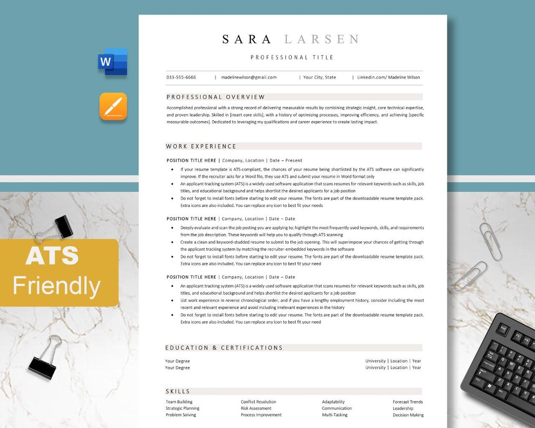ATS Friendly Resume Template Word, Pages, Ats Resume, ATS CV ...