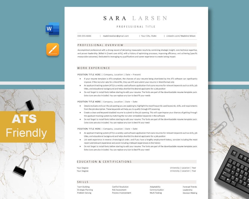 ATS Friendly Resume Template Word, Pages, Ats Resume, ATS CV ...