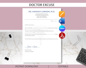 May include: A printable doctor's excuse template with the text "DOCTOR EXCUSE" at the top. The document includes fields for patient information, a doctor's signature, and the Good Health Medical Center's details. The words "INSTANT DOWNLOAD" and "EDITABLE" are at the bottom.