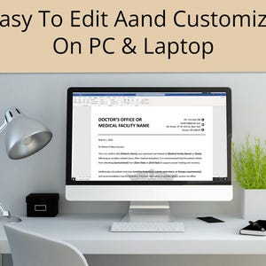 May include: A desktop computer displaying a medical form on a white desk. The screen shows the text "DOCTOR'S OFFICE OR MEDICAL FACILITY NAME." A silver desk lamp, a small black box, and a plant in a white pot are also on the desk. The text "Easy To Edit Aand Customize On PC & Laptop" is at the top.