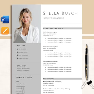 Puede incluir: Una plantilla de currículum vitae con una foto de una mujer, datos de contacto e historial laboral. El documento incluye secciones para habilidades, educación e idiomas. Un bolígrafo, clips y un chincheta están a la derecha.