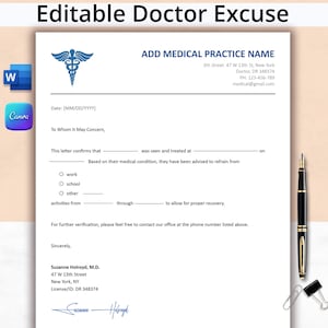 Doctor Excuse Template, Doctor Excuse for Work, Doctor Excuse Letter, Doctor Note For Work, Doctor Notes, Doctor Excuse Editable