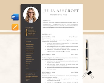 May include: A professional CV template with a photo, contact details, skills, and experience sections. The CV is in a modern design with a dark grey and white colour scheme, and includes a pen, paper clips, and a stamp.