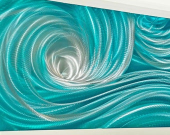 Turquoise home decor-Metal painting-living room bathroom art-sea ocean wave sculpture-outdoor patio porch decoration-small Gift art 24"x12"