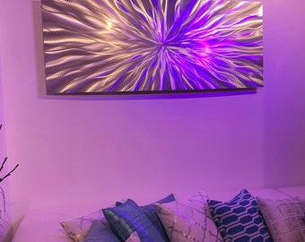 handmade home decor-Light Metal art-Silver wall decor-coloured lights reflect art-background boardroom office decor-dining living room art