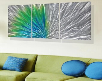 green blue home decor-art painting wall decor-office bathroom porch swimming pool patio art-abstract metal artwork-artist Lubo Naydenov 62"