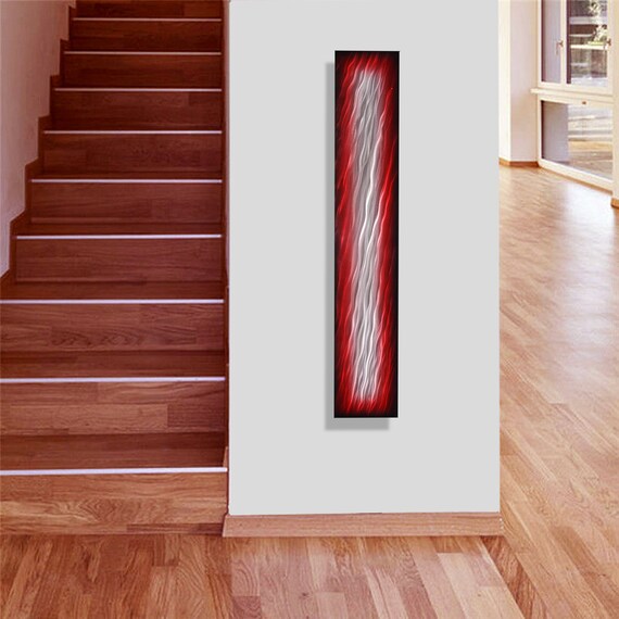 Metal Wall Art Vertical Horizontal Hallway Sculpture Abstract Painting Silver Red Black Decor Original By Lubo 9 X48