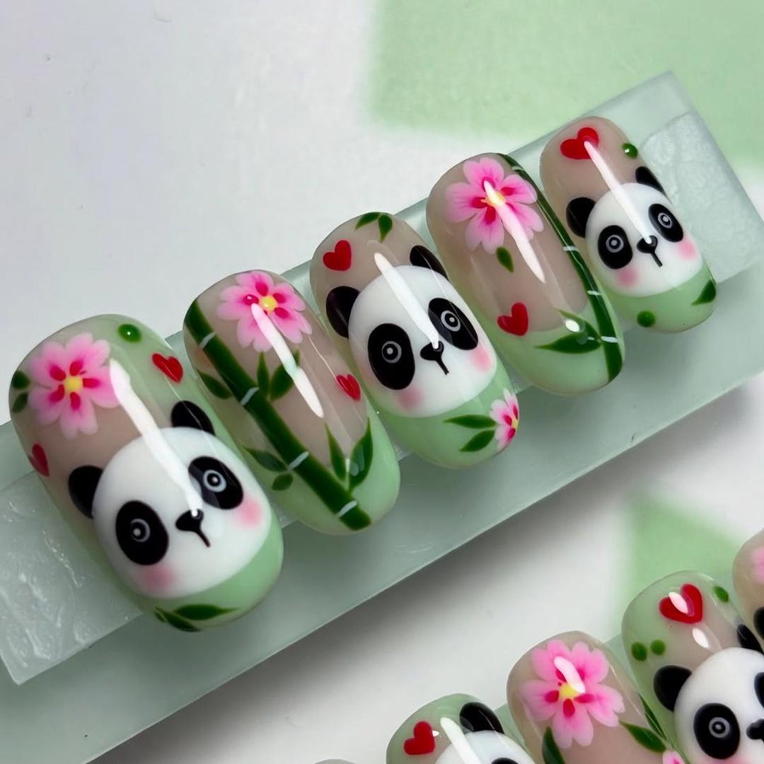 Kawaii Green Panda Press on Nails Short Square | Cute Panda & Bamboo ...
