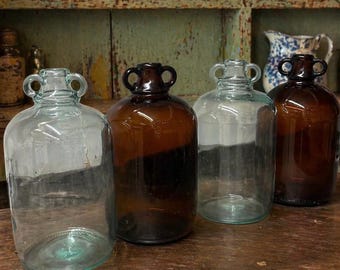 Vintage Round Demi John Dark Brown and Clear Glass Bottle Jar Twin Handle Rustic