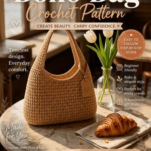 Peut inclure: Un sac Boho au crochet beige avec une forme arrondie, une texture tissée et une petite étiquette. L'image comprend le texte "Boho Bag Crochet Pattern" et "Create Beauty. Carry Confidence."