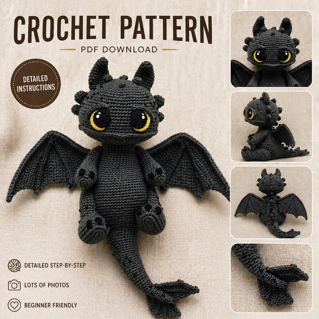 Toothless Crochet Pattern Dragon Amigurumi | Inspired Toothless Plush ...