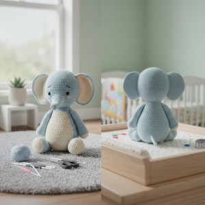 Peut inclure: Un éléphant en crochet bleu clair et crème, avec de grandes oreilles et une trompe. Il est posé sur un tapis gris. Une pelote de laine, des crochets et des ciseaux sont à côté. Jouet fait main pour enfants.