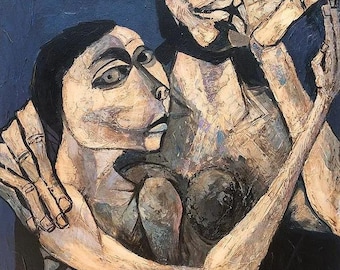 May include: An abstract painting featuring two figures in a close embrace against a dark blue background. The figures are rendered in a textured, expressionistic style with muted tones of beige, black, and blue. The artist's signature, "GUAYAS ANIN," is visible.