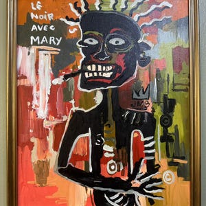 Op de afbeelding: Abstract schilderij in een gouden lijst. Het kunstwerk toont een zwart figuur met een rode mond en witte tanden, die een sigaret vasthoudt. De achtergrond is een mix van rood, oranje en groen. Tekst linksboven luidt "LE NOIR AVEC MARY".